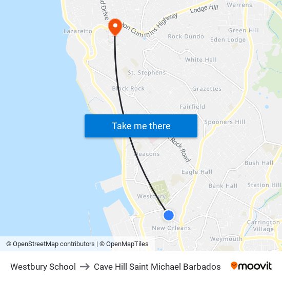 Westbury School to Cave Hill Saint Michael Barbados map