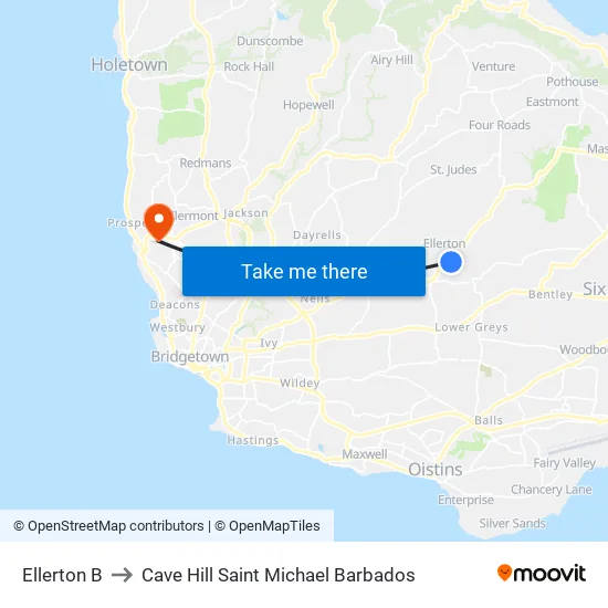 Ellerton B to Cave Hill Saint Michael Barbados map