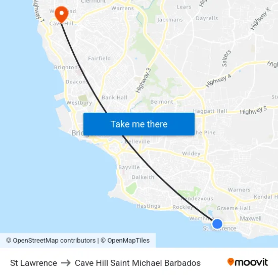 St Lawrence to Cave Hill Saint Michael Barbados map