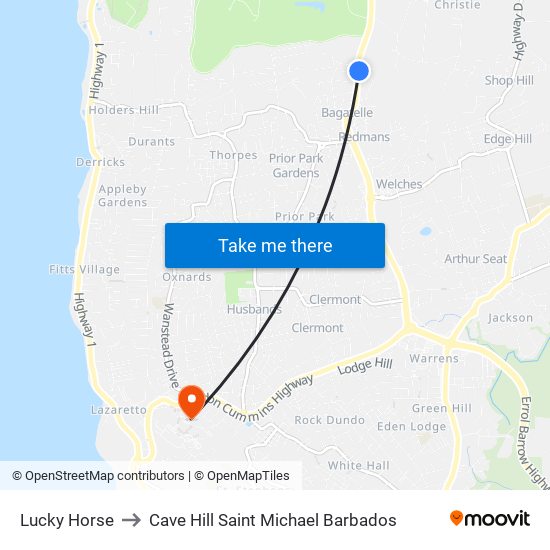 Lucky Horse to Cave Hill Saint Michael Barbados map