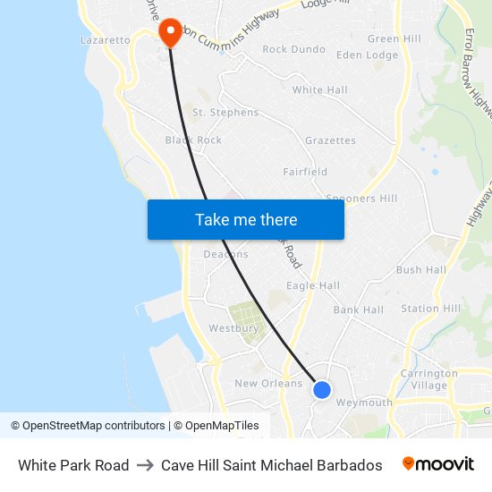 White Park Road to Cave Hill Saint Michael Barbados map