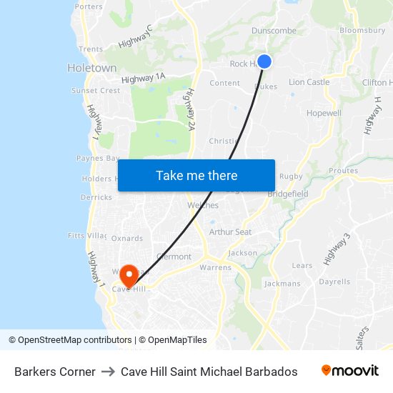 Barkers Corner to Cave Hill Saint Michael Barbados map