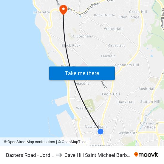 Baxters Road - Jordans to Cave Hill Saint Michael Barbados map
