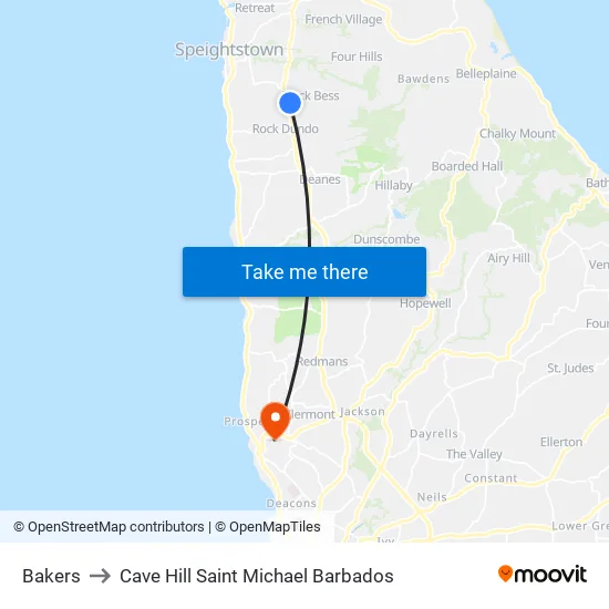 Bakers to Cave Hill Saint Michael Barbados map