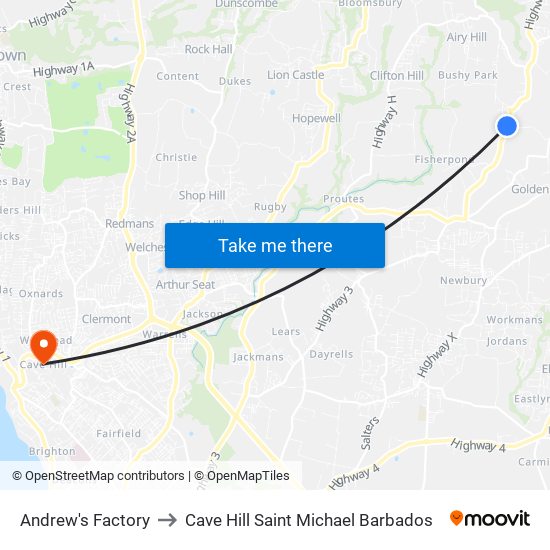 Andrew's Factory to Cave Hill Saint Michael Barbados map