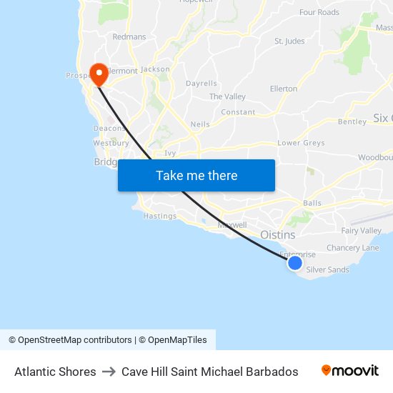 Atlantic Shores to Cave Hill Saint Michael Barbados map