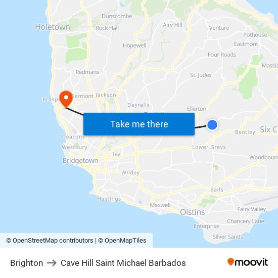 Brighton to Cave Hill Saint Michael Barbados map