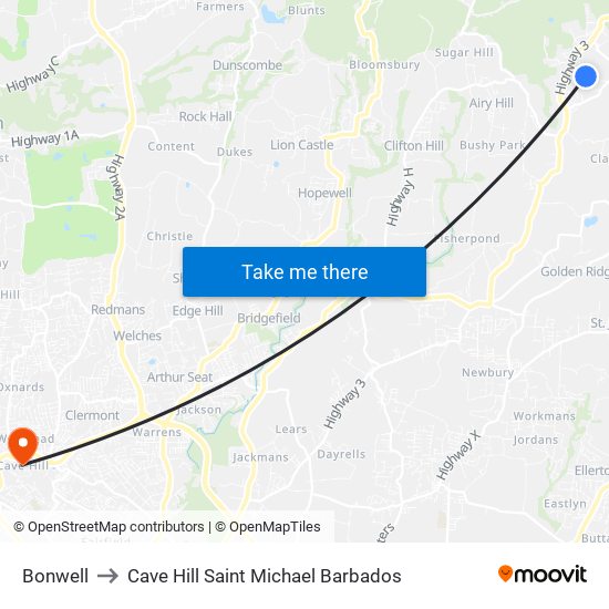 Bonwell to Cave Hill Saint Michael Barbados map