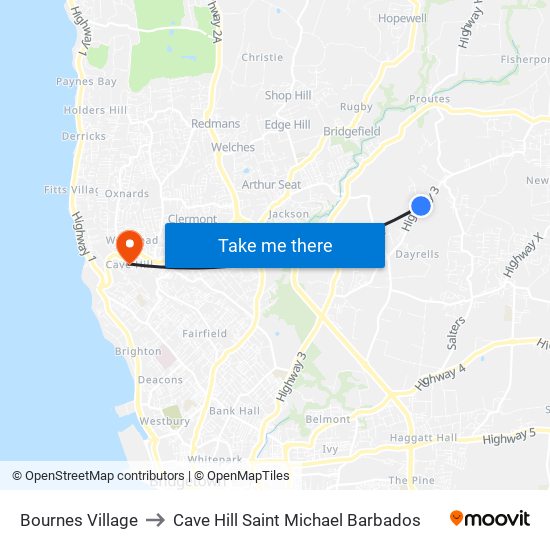 Bournes Village to Cave Hill Saint Michael Barbados map