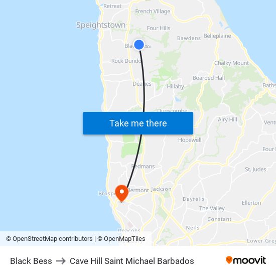 Black Bess to Cave Hill Saint Michael Barbados map