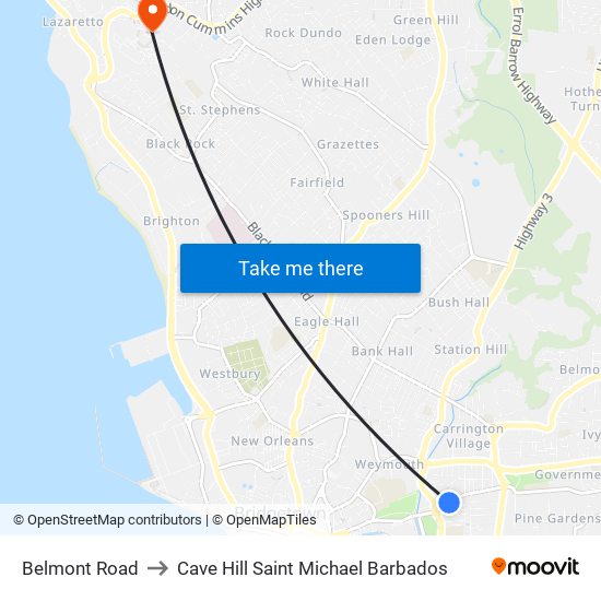 Belmont Road to Cave Hill Saint Michael Barbados map
