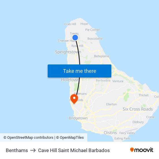 Benthams to Cave Hill Saint Michael Barbados map