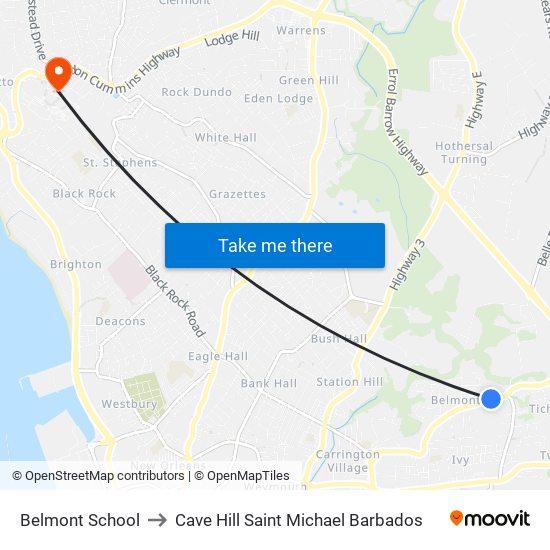 Belmont School to Cave Hill Saint Michael Barbados map