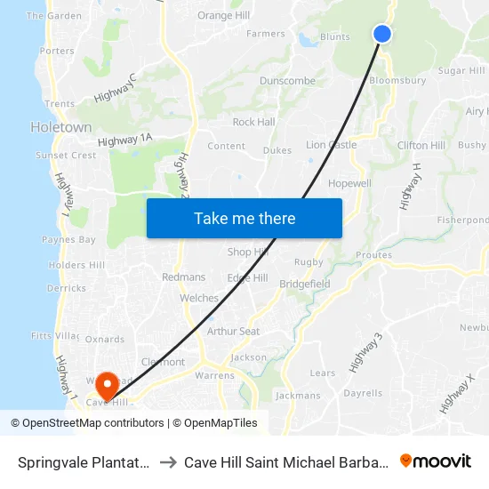 Springvale Plantation to Cave Hill Saint Michael Barbados map
