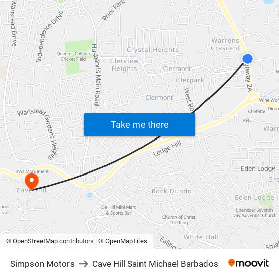 Simpson Motors to Cave Hill Saint Michael Barbados map