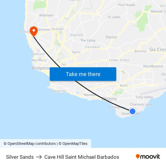 Silver Sands to Cave Hill Saint Michael Barbados map