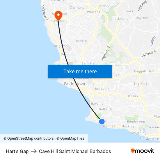 Hart's Gap to Cave Hill Saint Michael Barbados map