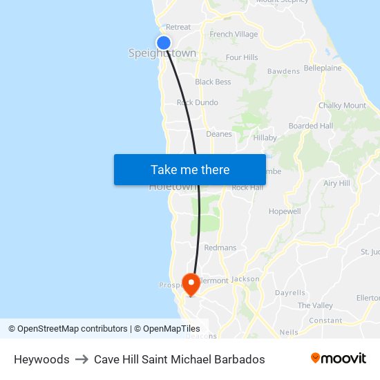 Heywoods to Cave Hill Saint Michael Barbados map