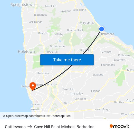 Cattlewash to Cave Hill Saint Michael Barbados map