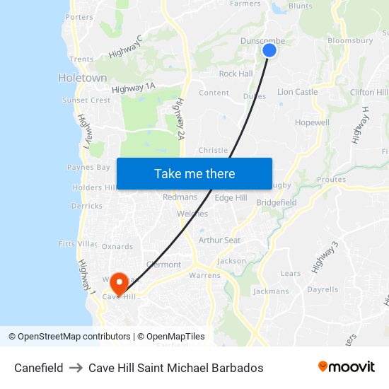 Canefield to Cave Hill Saint Michael Barbados map