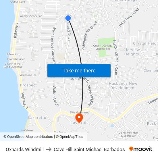 Oxnards Windmill to Cave Hill Saint Michael Barbados map