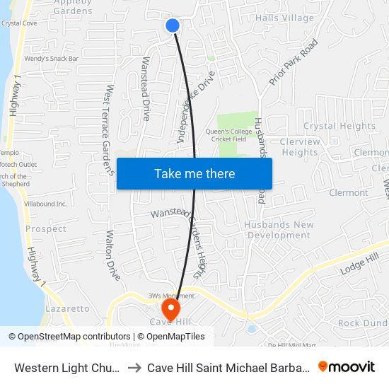 Western Light Church to Cave Hill Saint Michael Barbados map