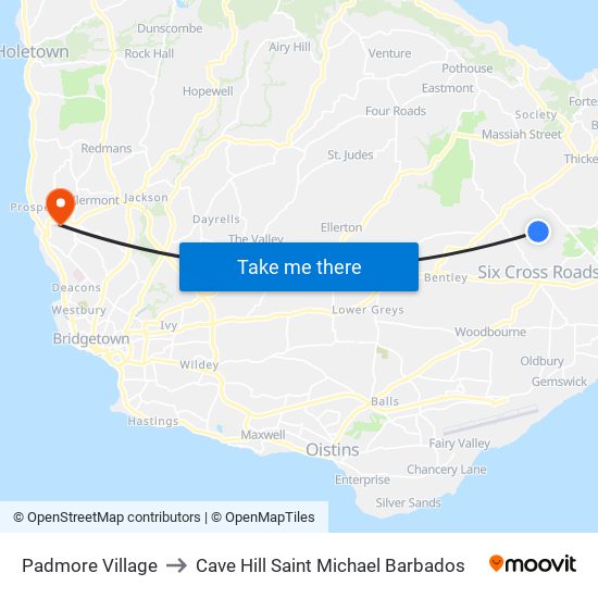 Padmore Village to Cave Hill Saint Michael Barbados map