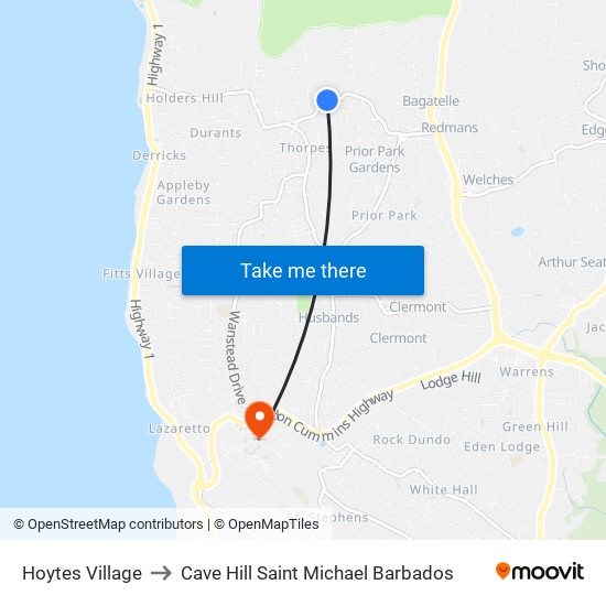 Hoytes Village to Cave Hill Saint Michael Barbados map