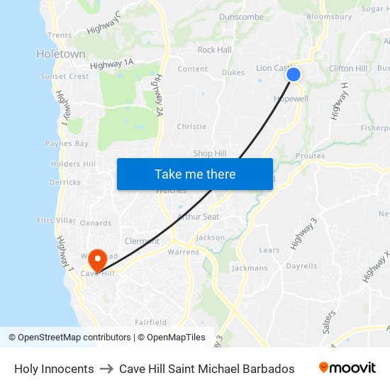 Holy Innocents to Cave Hill Saint Michael Barbados map