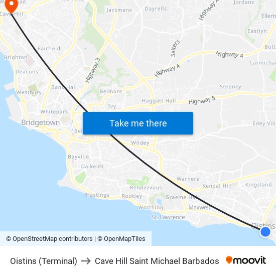 Oistins (Terminal) to Cave Hill Saint Michael Barbados map