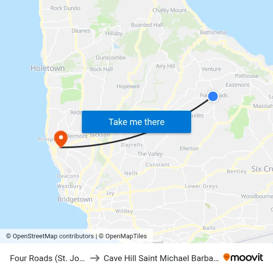 Four Roads (St. John) to Cave Hill Saint Michael Barbados map