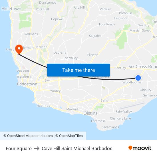 Four Square to Cave Hill Saint Michael Barbados map