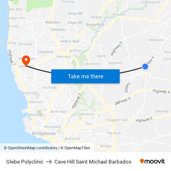 Glebe Polyclinic to Cave Hill Saint Michael Barbados map