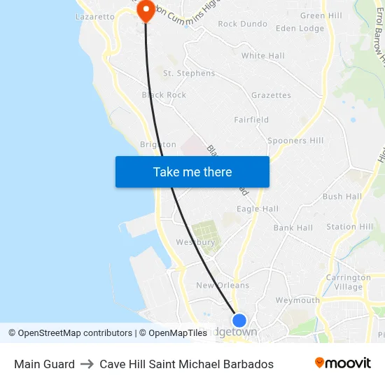 Main Guard to Cave Hill Saint Michael Barbados map