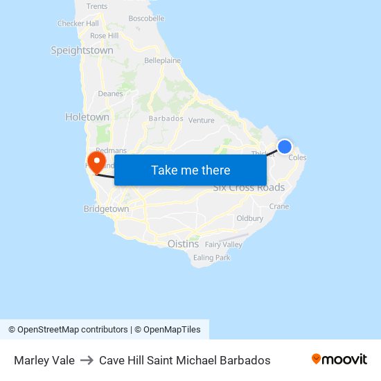 Marley Vale to Cave Hill Saint Michael Barbados map