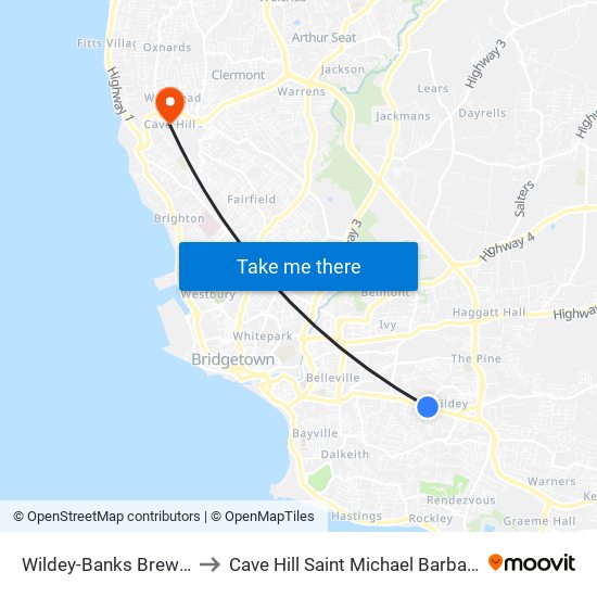 Wildey-Banks Brewery to Cave Hill Saint Michael Barbados map