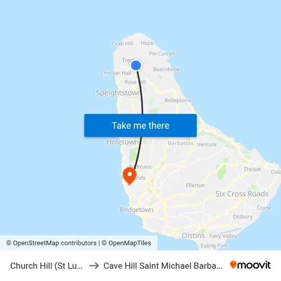 Church Hill (St Lucy) to Cave Hill Saint Michael Barbados map