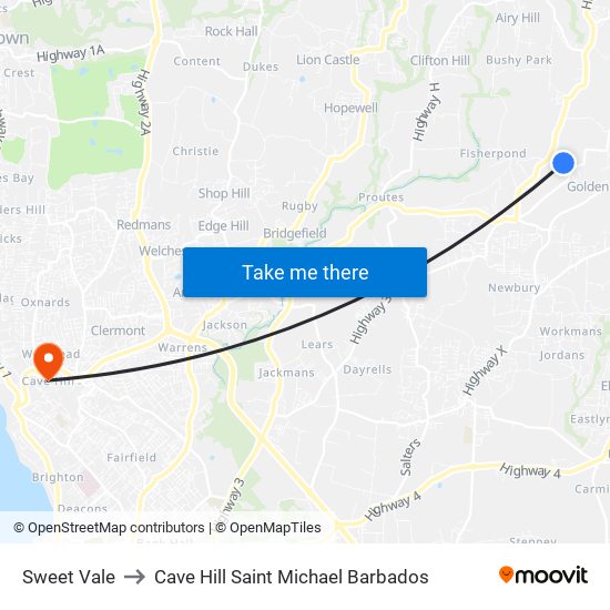 Sweet Vale to Cave Hill Saint Michael Barbados map