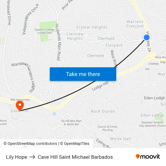 Lily Hope to Cave Hill Saint Michael Barbados map