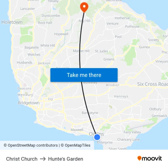 Christ Church to Hunte's Garden map