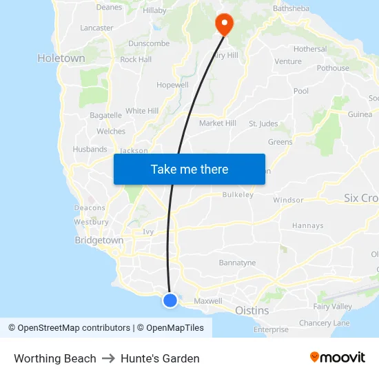 Worthing Beach to Hunte's Garden map