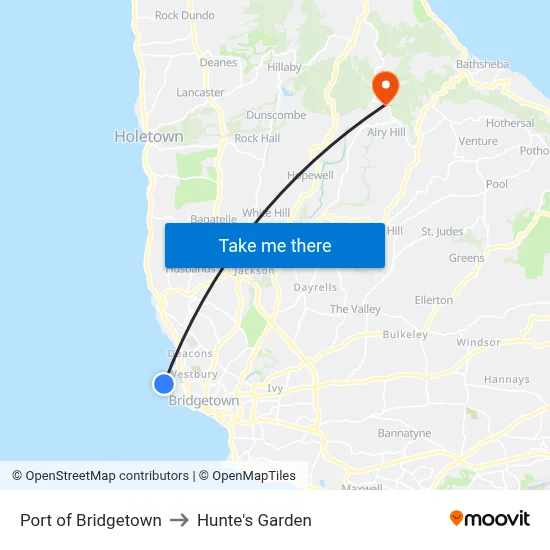Port of Bridgetown to Hunte's Garden map