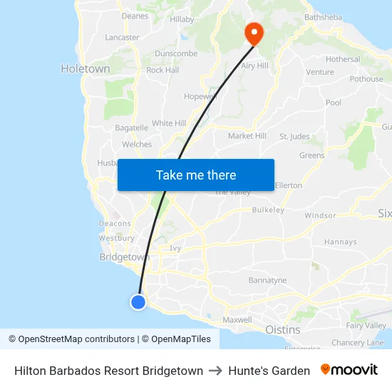 Hilton Barbados Resort Bridgetown to Hunte's Garden map