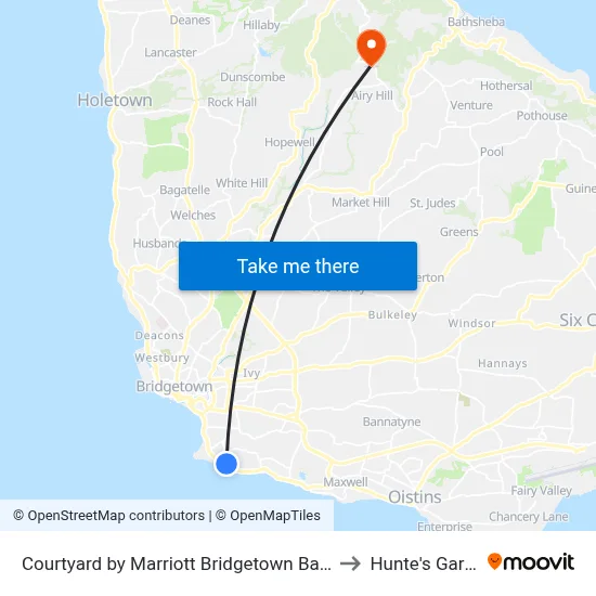 Courtyard by Marriott Bridgetown Barbados to Hunte's Garden map