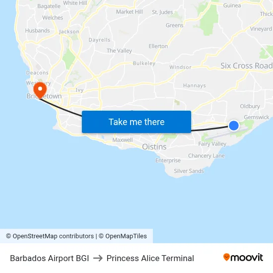 Barbados Airport BGI to Princess Alice Terminal map