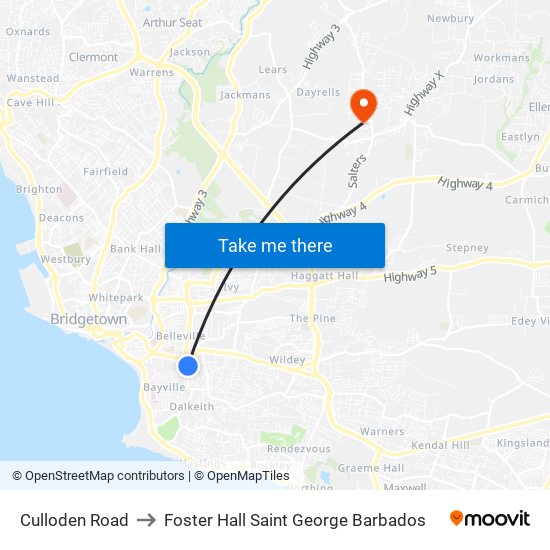 Culloden Road to Foster Hall Saint George Barbados map