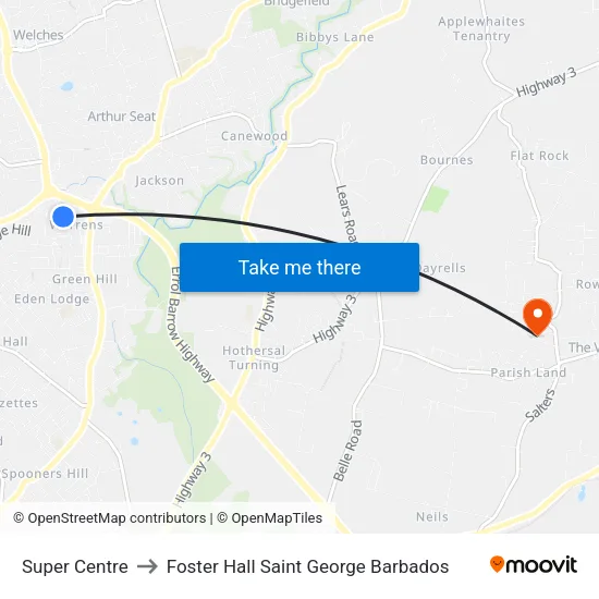 Super Centre to Foster Hall Saint George Barbados map