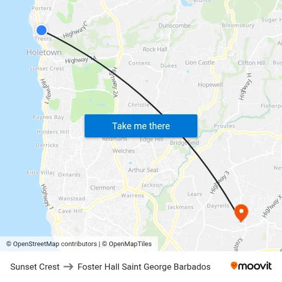 Sunset Crest to Foster Hall Saint George Barbados map