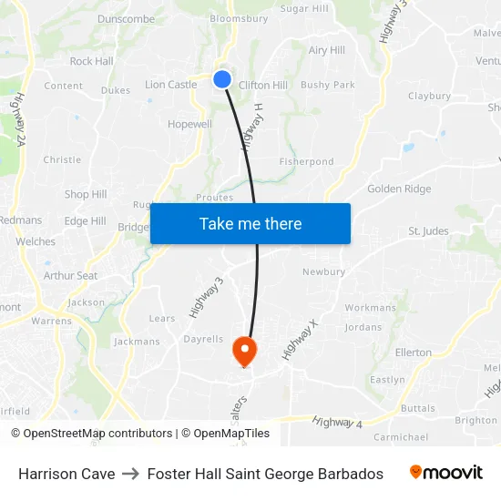 Harrison Cave to Foster Hall Saint George Barbados map