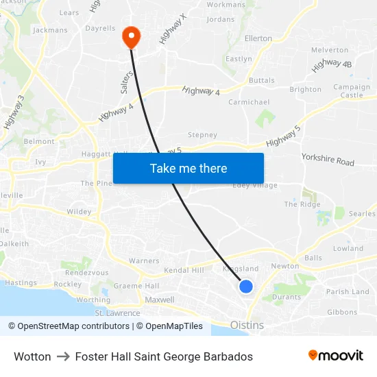 Wotton to Foster Hall Saint George Barbados map